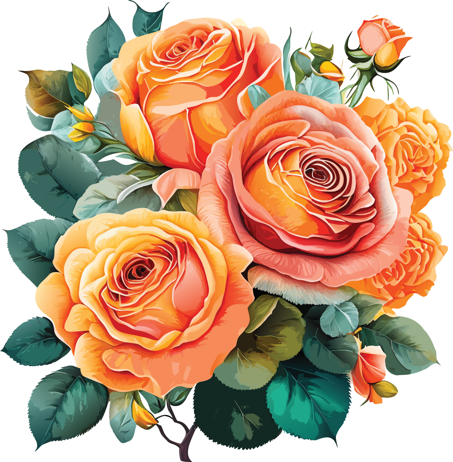 Watercolor orange roses flowers bouquet, orange roses bundle